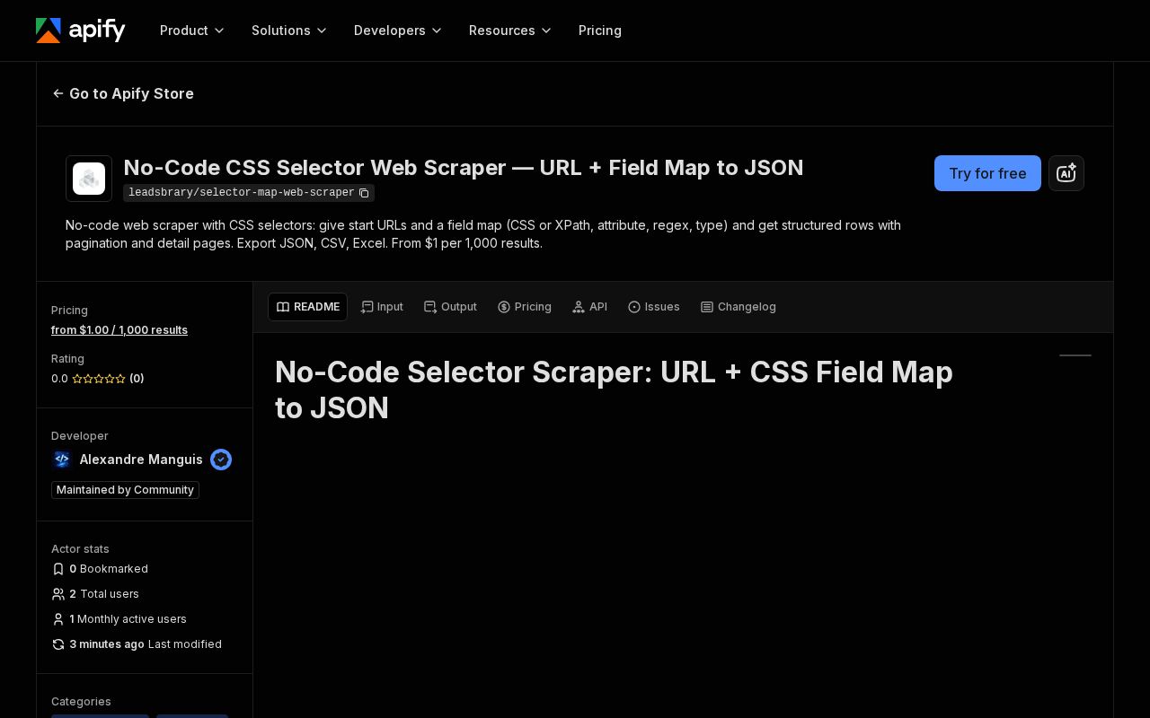 Preview of Selector Map Web Scraper Apify Actor