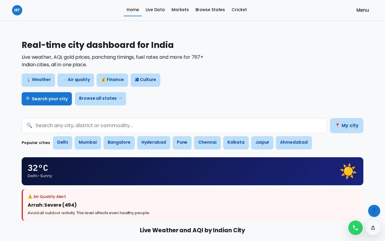 Preview of India Real Time Data: Live AQI, Weather, Gold, Fuel Prices