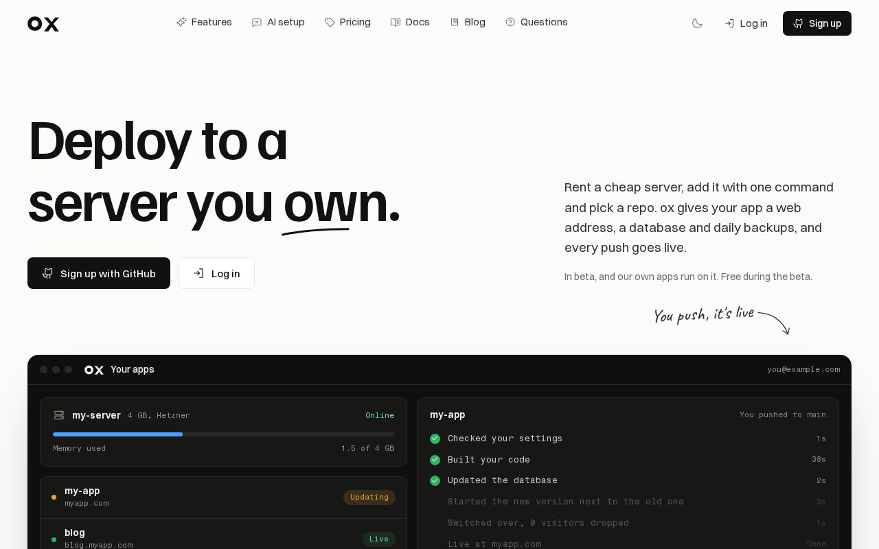 Preview of ox: deploy apps to your own VPS, no Docker