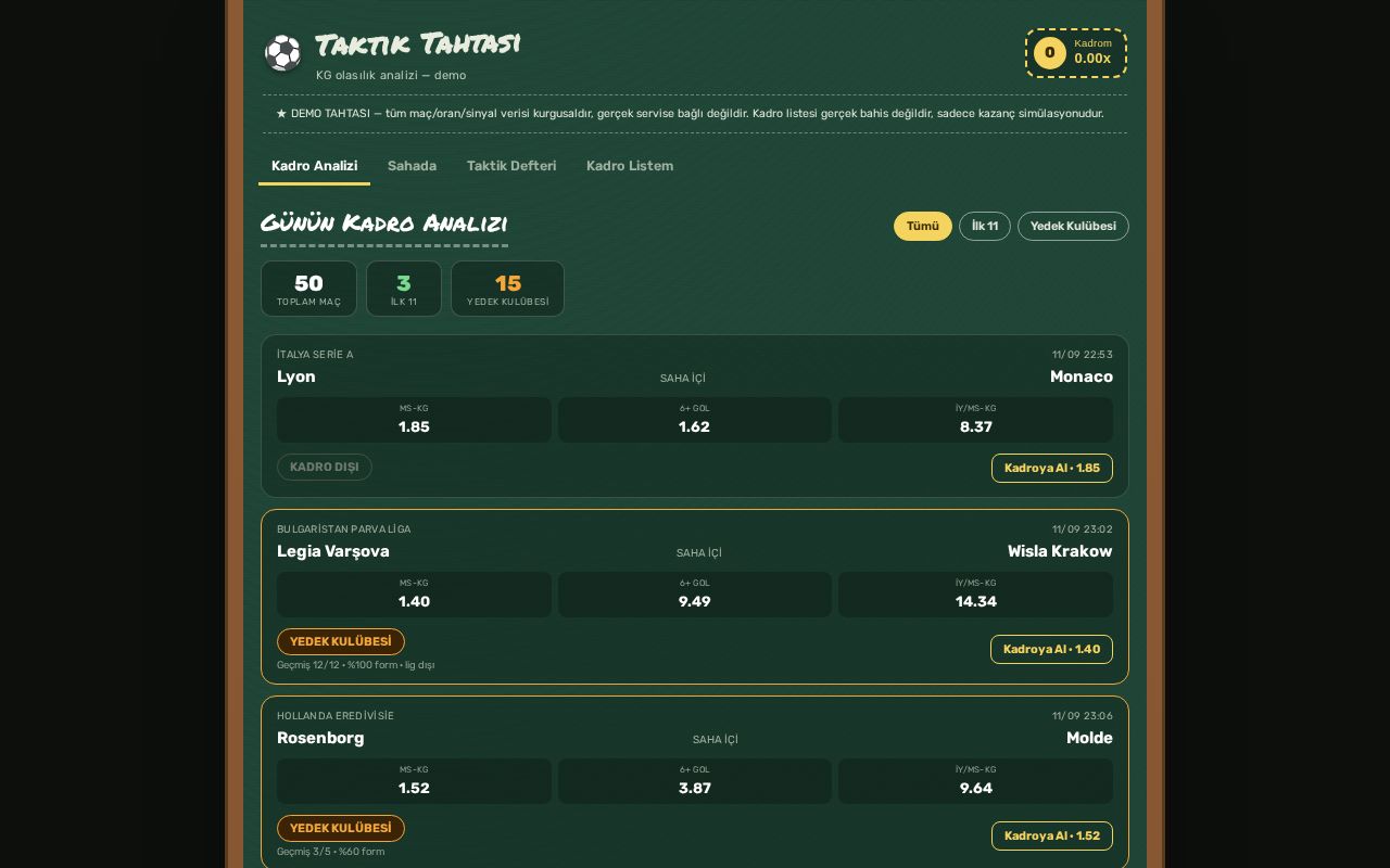 Preview of KG Tahmin — bağımsız statik tasarım denemesi #4 (taktik tahtası temalı demo)