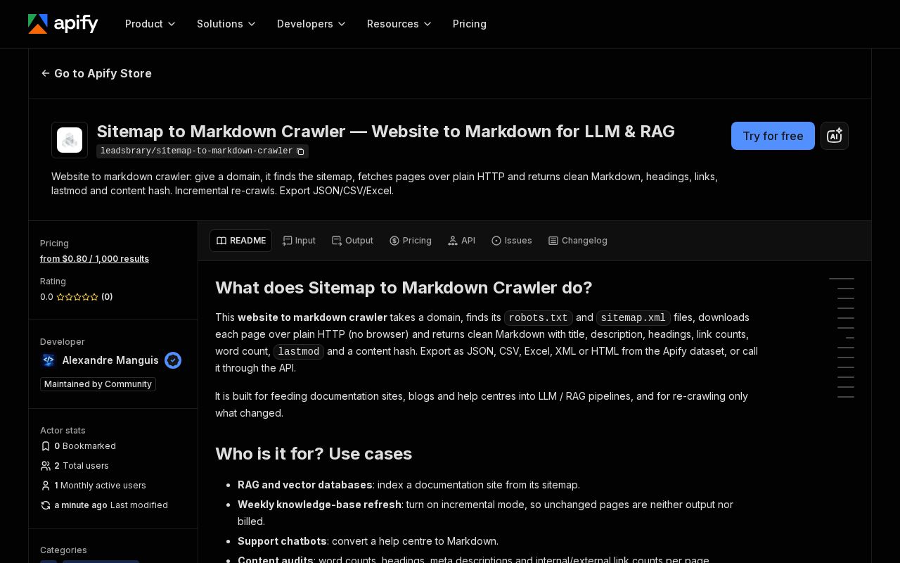 Preview of Sitemap To Markdown Crawler Apify Actor