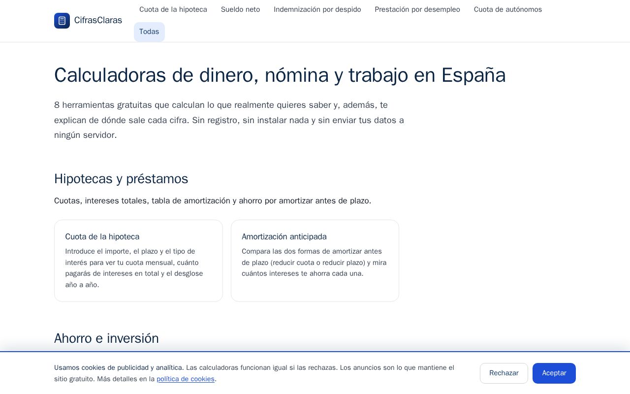 Preview of CifrasClaras — calculadoras financieras y laborales de Espana (portfolio, sin codigo)