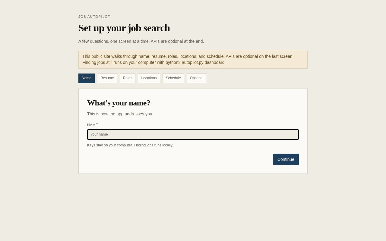 Preview of Job search setup wizard — name, resume, roles, locations, then optional APIs.