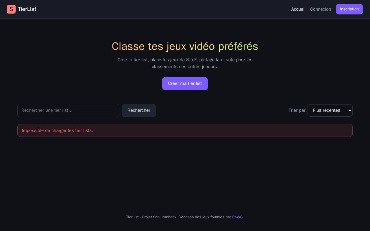 Preview of Front React (Vite) du projet TierList : classements de jeux vidéo