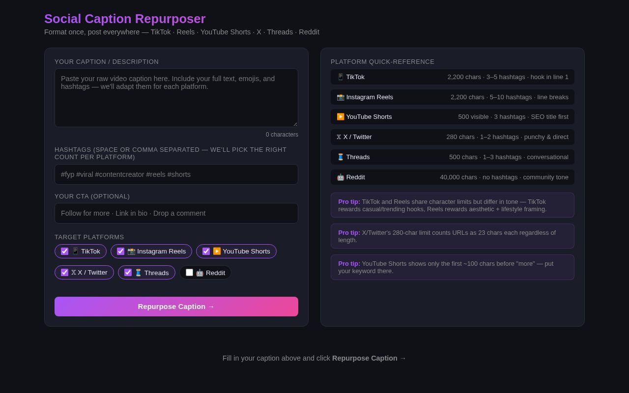Preview of Social Caption Repurposer — Format Once, Post Everywhere