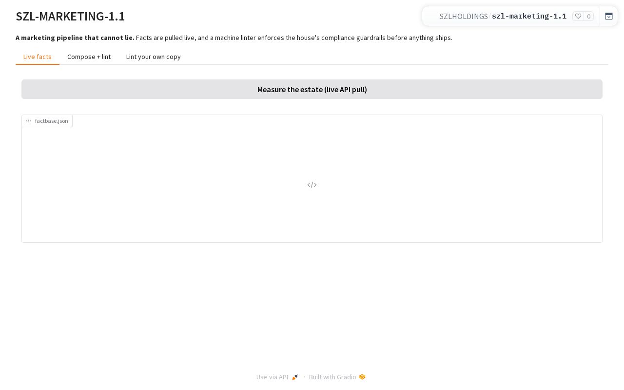 Preview of SZL-MARKETING-1.1 Governed Fact Factory