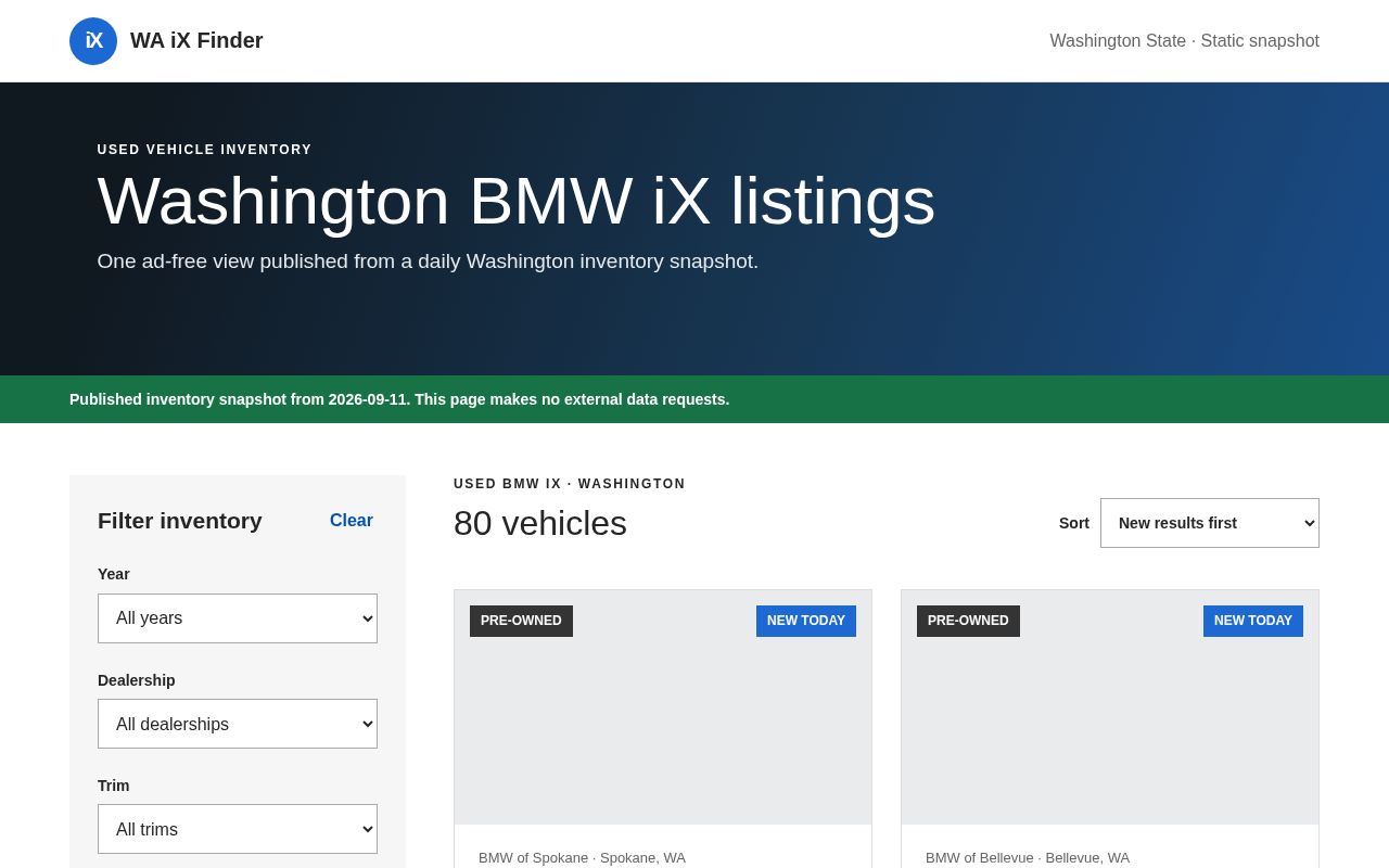 Preview of Ad-free BMW iX inventory aggregator for Washington and Portland-area dealers
