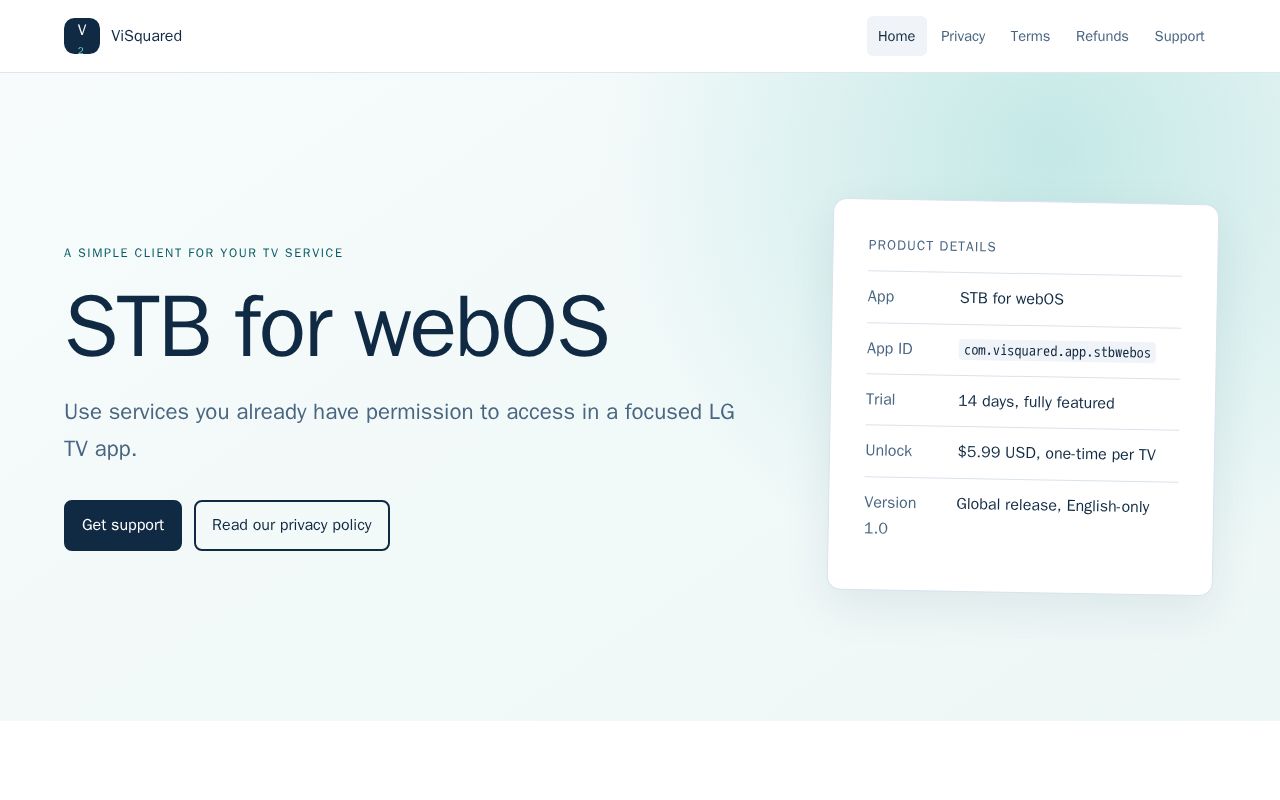 Preview of Public website, policies, and support pages for ViSquared apps