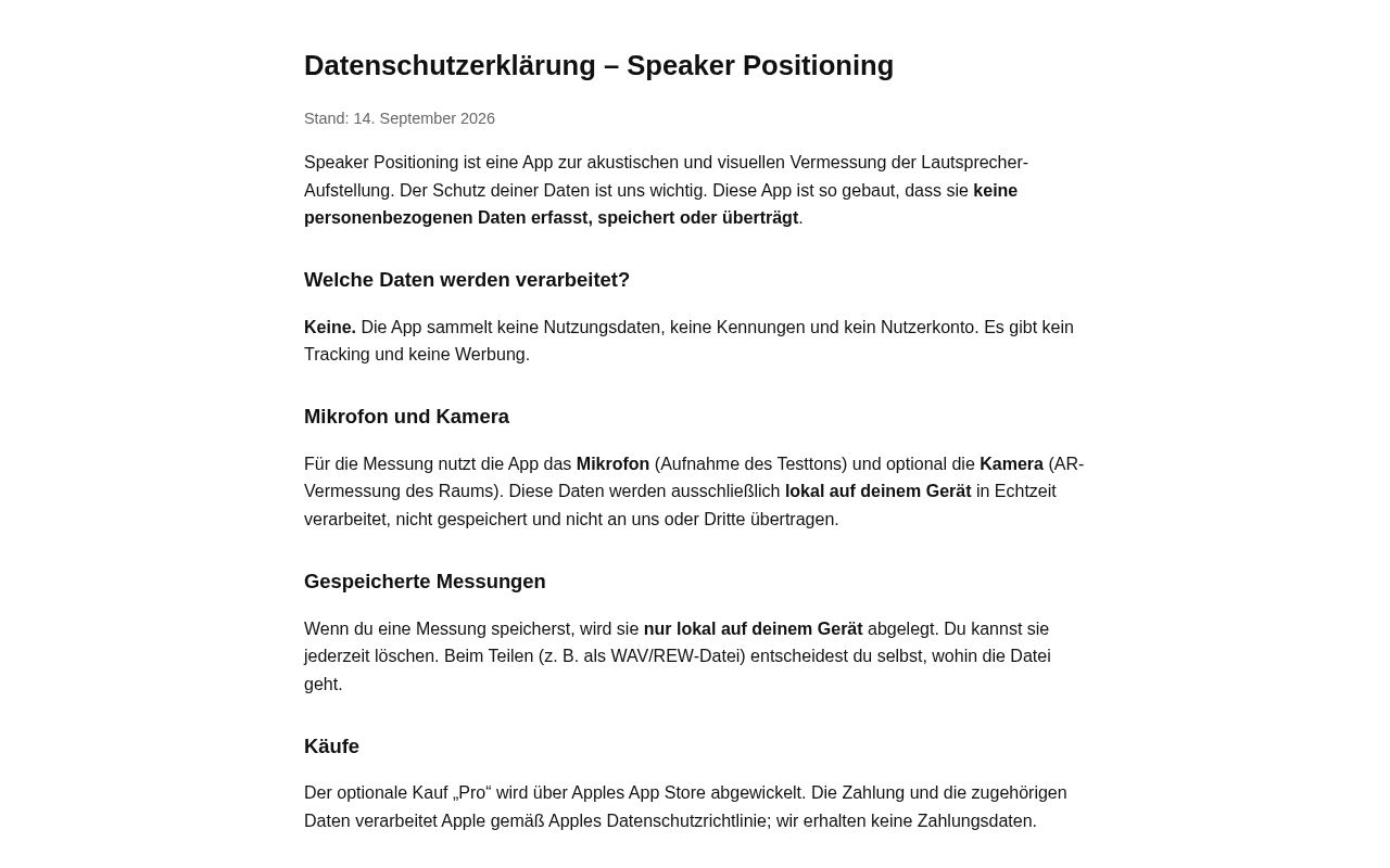 Preview of Privacy policy for the Speaker Positioning iOS app