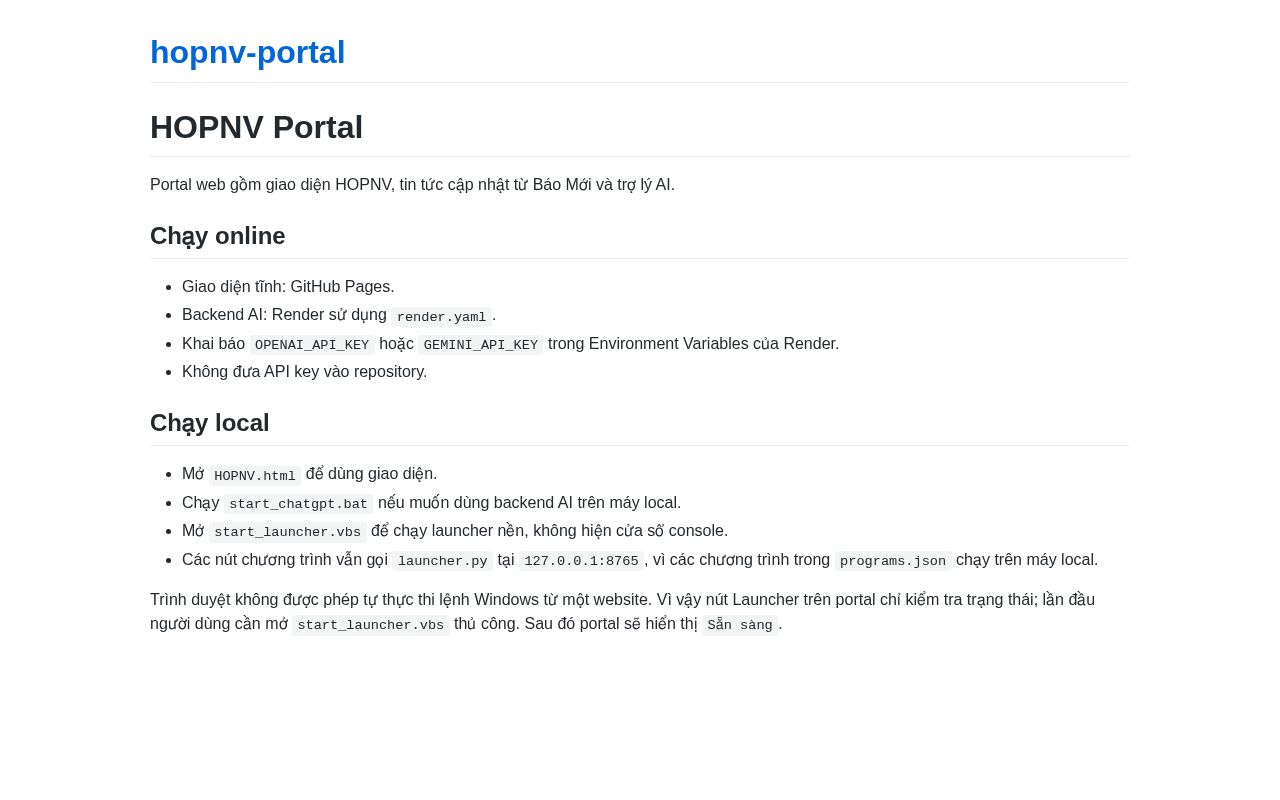 Preview of HOPNV online portal with ChatGPT, Bao Moi news, and local launcher integration
