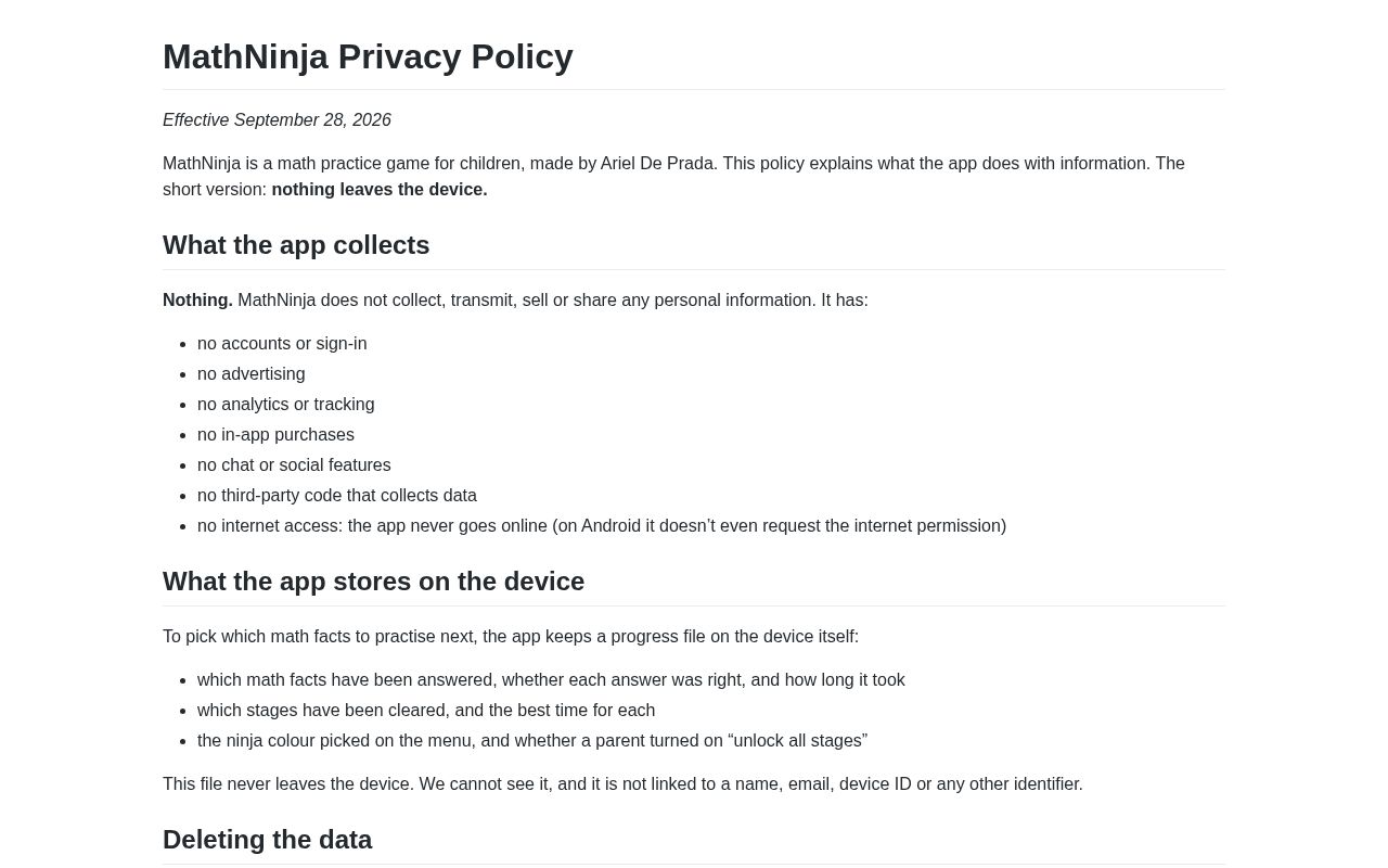 Preview of MathNinja Privacy
