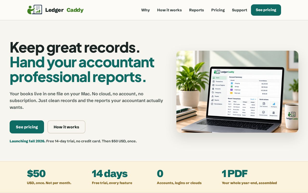 Preview of LedgerCaddy marketing site (staging until launch)