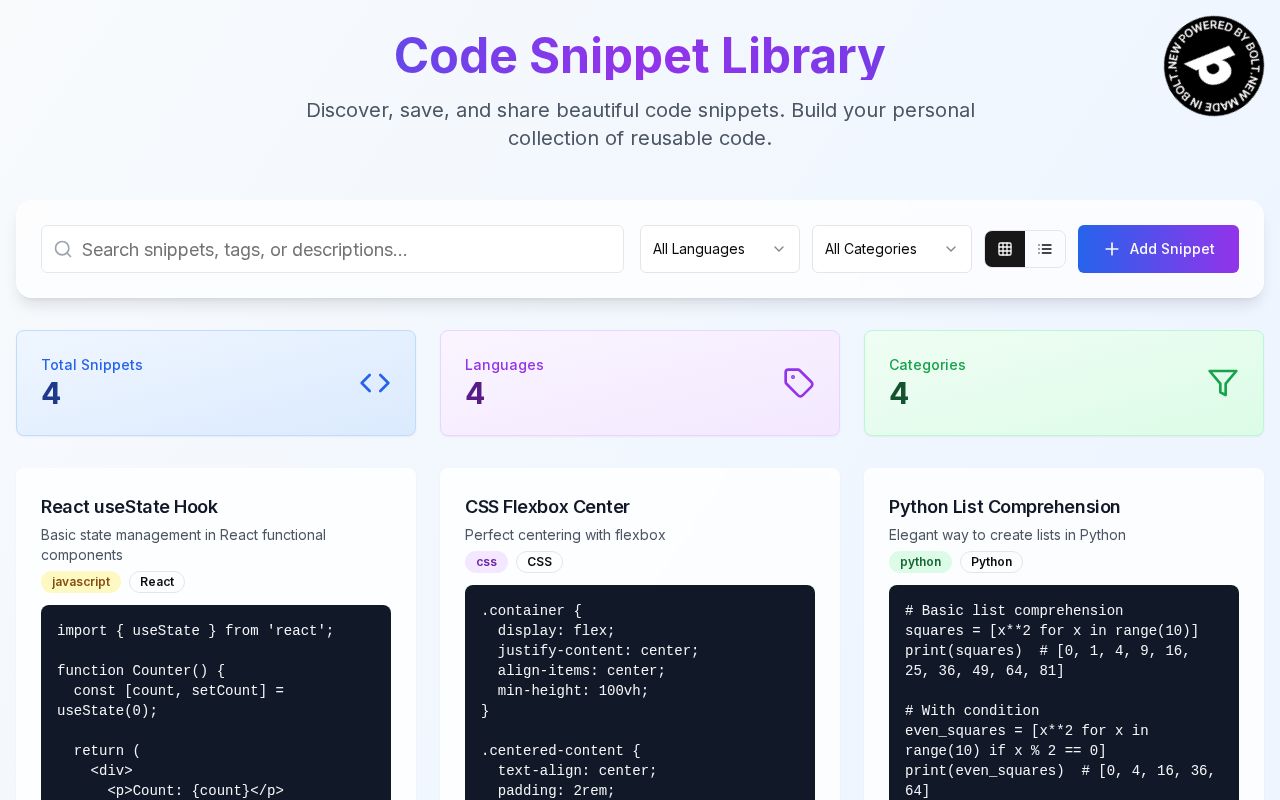 Preview of Code Snippet Library