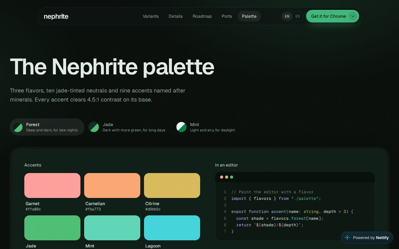 Preview of The Nephrite palette: jade colors for themes and ports
