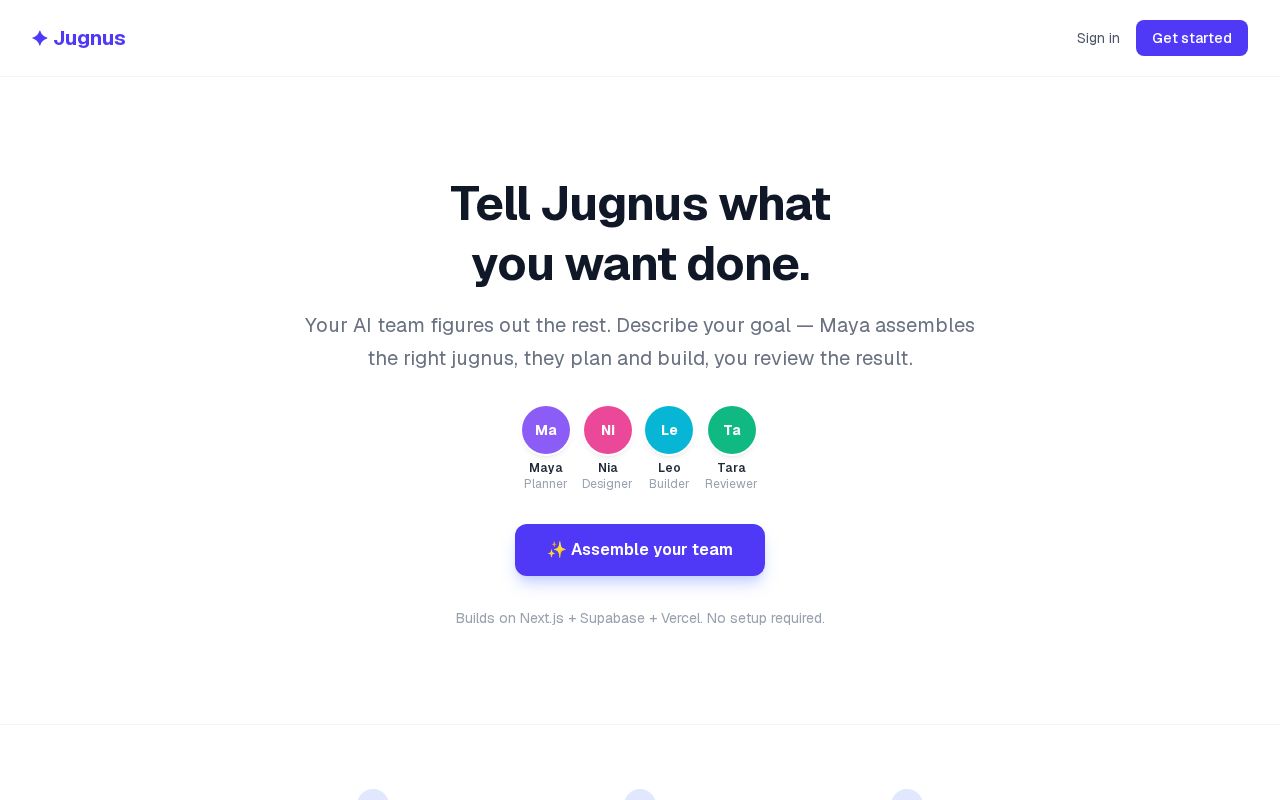 Preview of Jugnus — autonomous AI team workspace. Tell Jugnus what you want done.