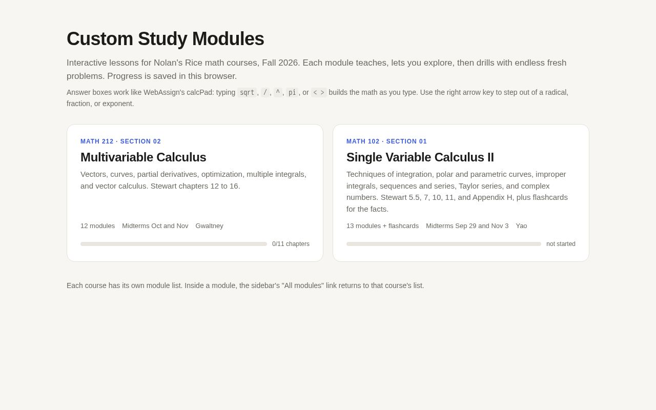 Preview of Custom study modules for MATH 102 and MATH 212