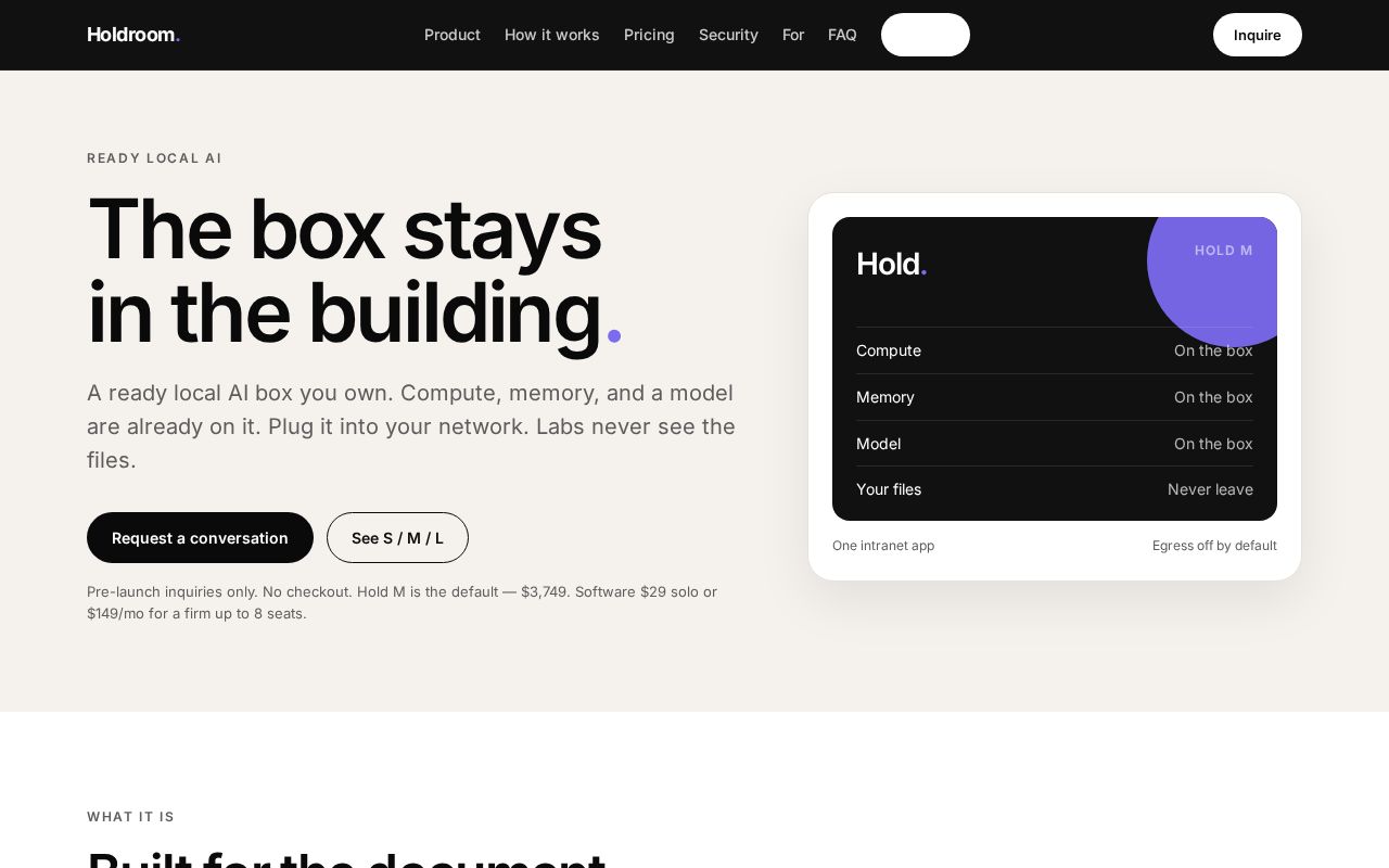 Preview of Holdroom — private local AI appliance (pre-launch site)