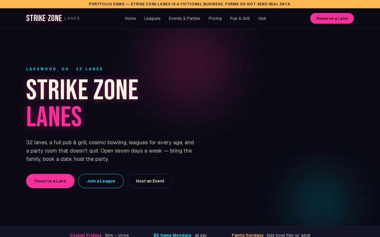 Preview of Sample Bowling Center Website