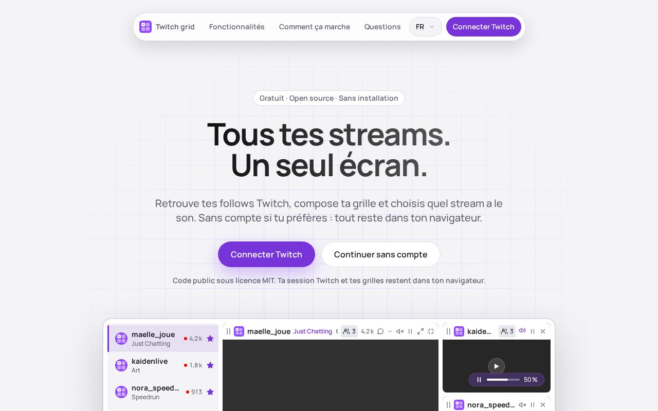 Preview of Grille multistream Twitch avec follows, favoris locaux et réglages audio par stream
