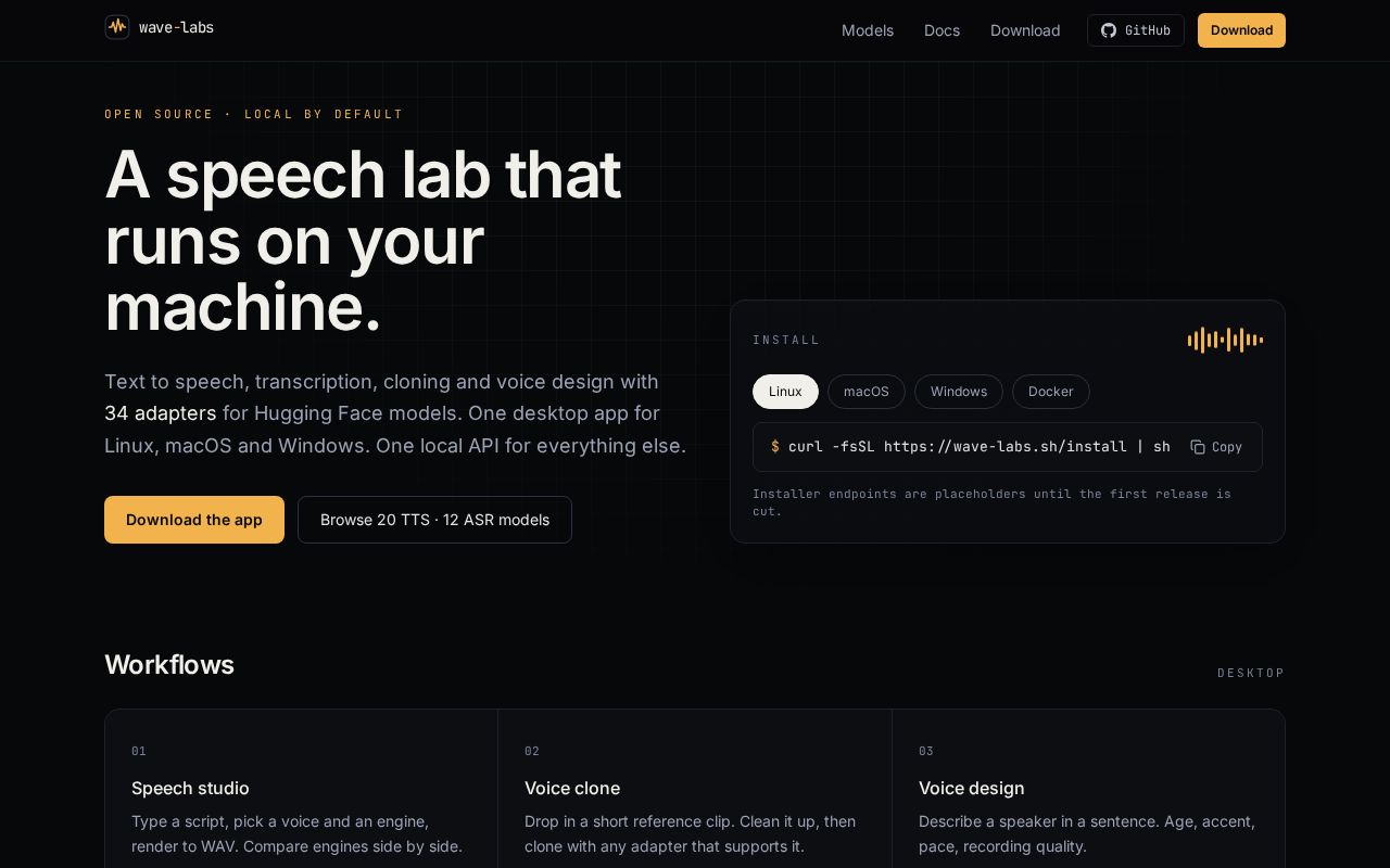 Preview of Local-first speech lab. Website, desktop apps, Hugging Face engine.