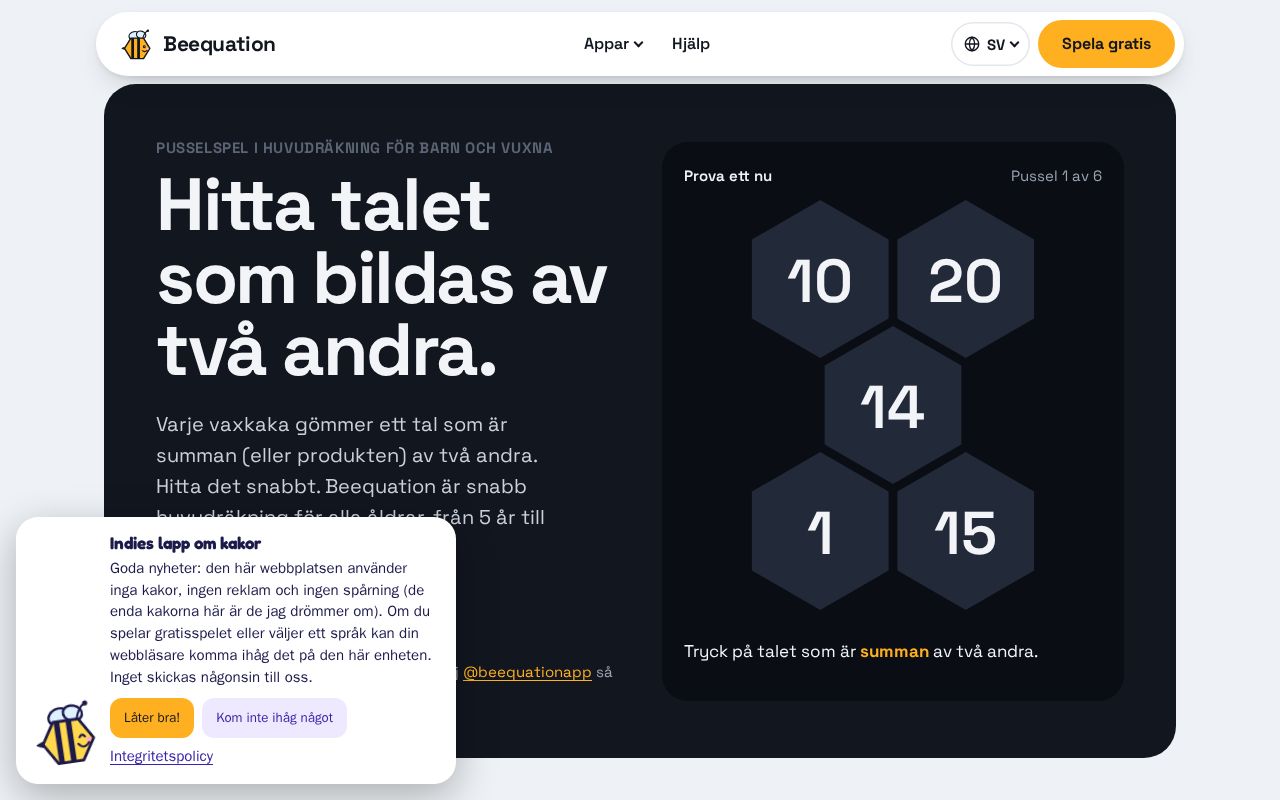 Preview of Beequation: mattepussel i huvudräkning för barn och vuxna