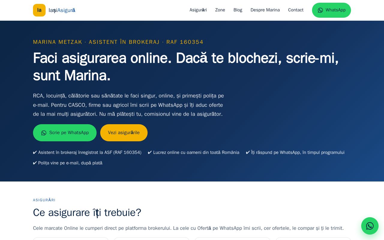 Preview of IașiAsigură – site static SEO/AEO pentru Marina Metzak, asistent în brokeraj