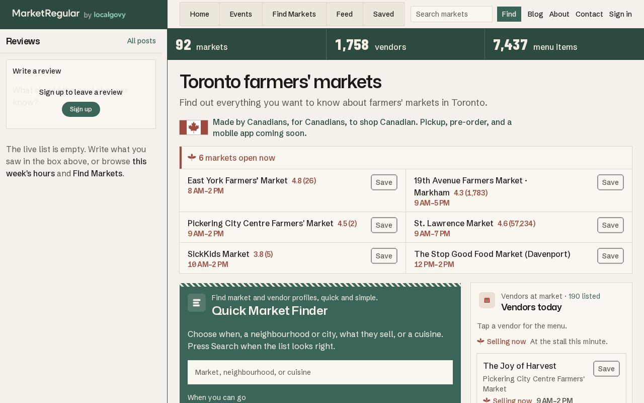 Preview of Canadian farmers' market hub — marketregular.com