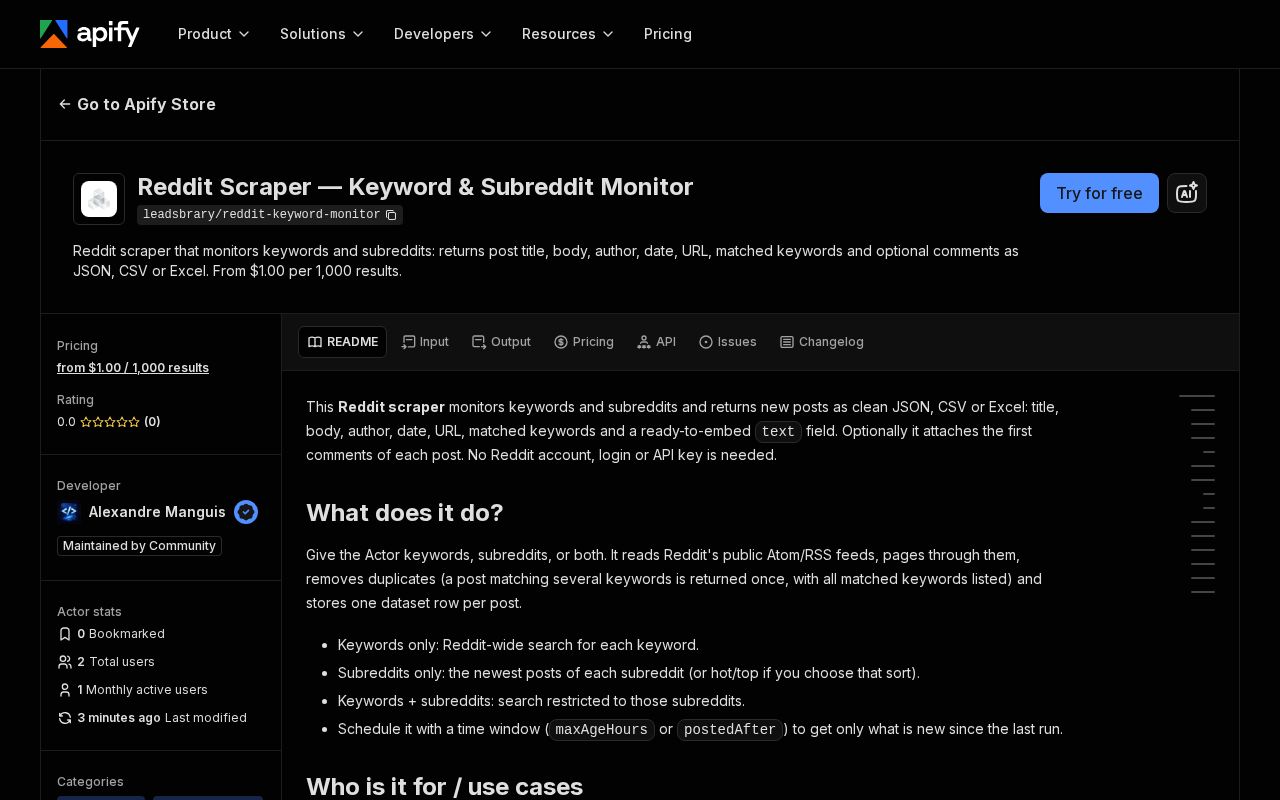 Preview of Reddit Keyword Monitor Apify Actor