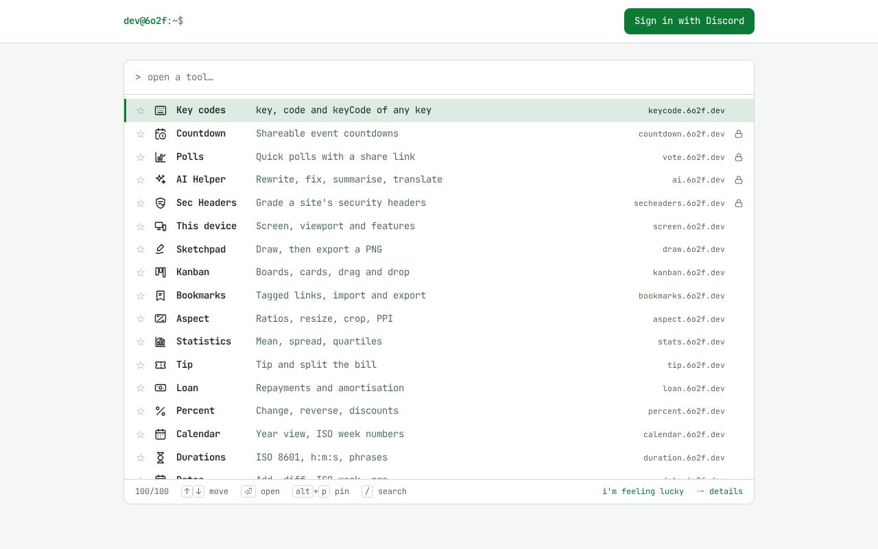 Preview of dev@6o2f: free developer tools in your browser