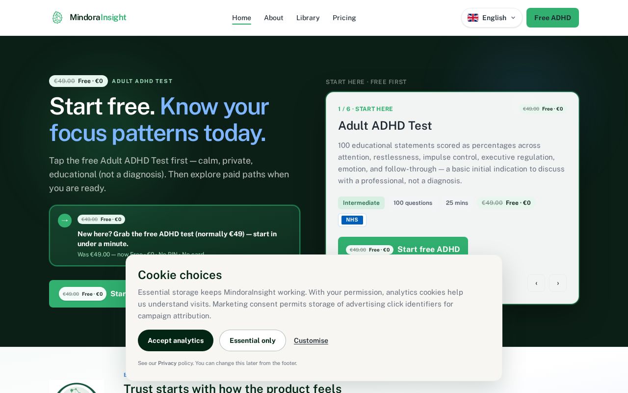 Preview of MindoraInsight — calm professional assessments and free Adult ADHD Test