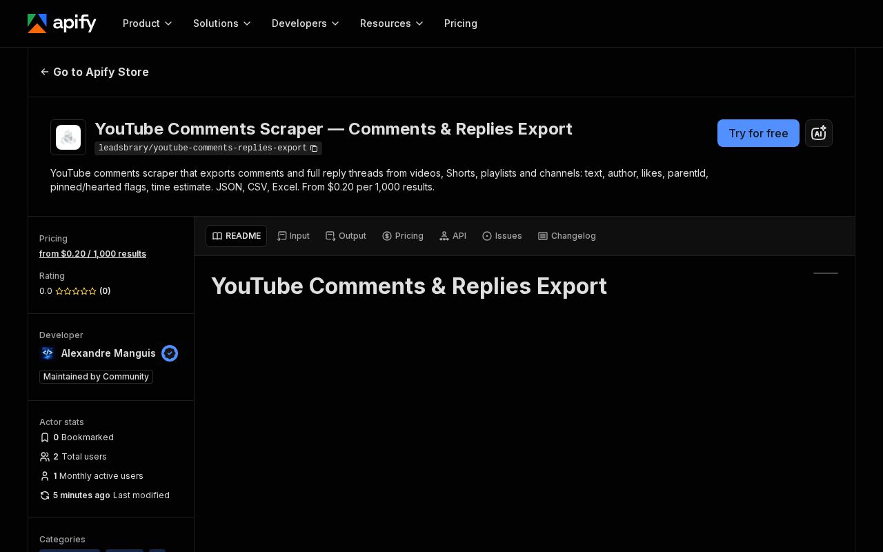 Preview of Youtube Comments Replies Export Apify Actor