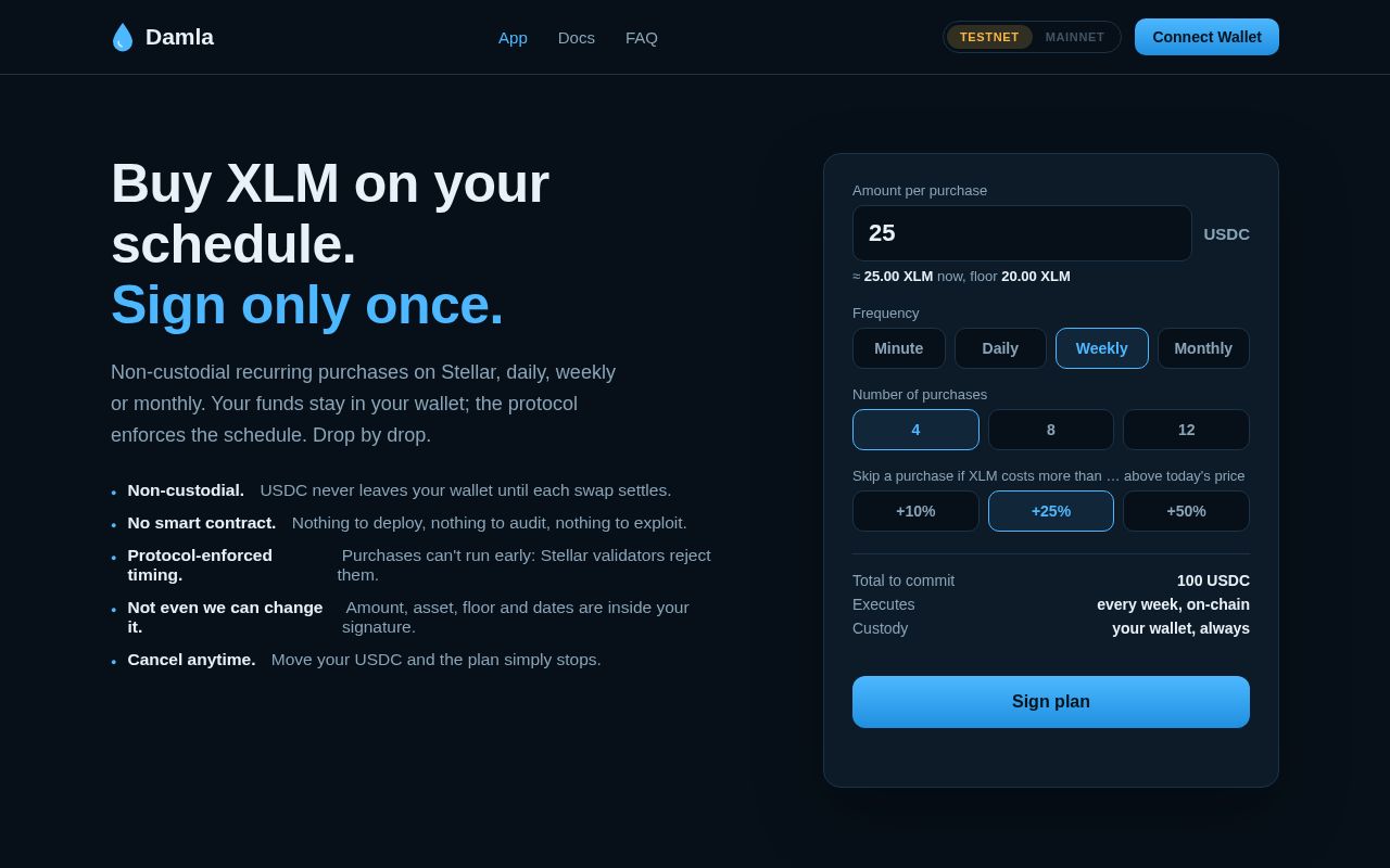Preview of Non-custodial recurring XLM purchases on Stellar. No smart contract. One signature.