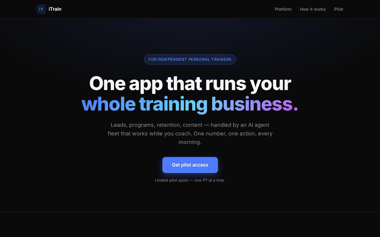 Preview of iTrain — AI training operations platform for independent PTs (landing page)