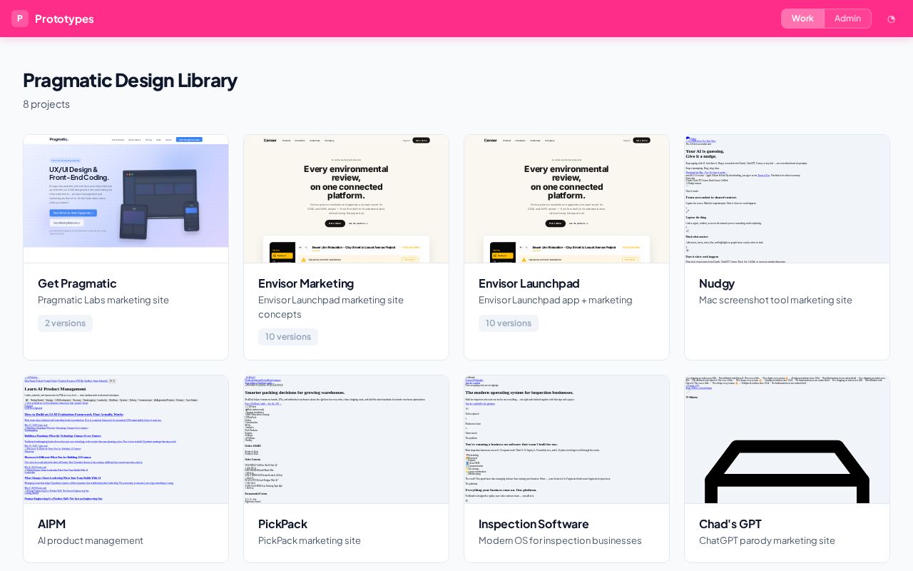 Preview of Versioned UI prototype library — click through projects and design versions