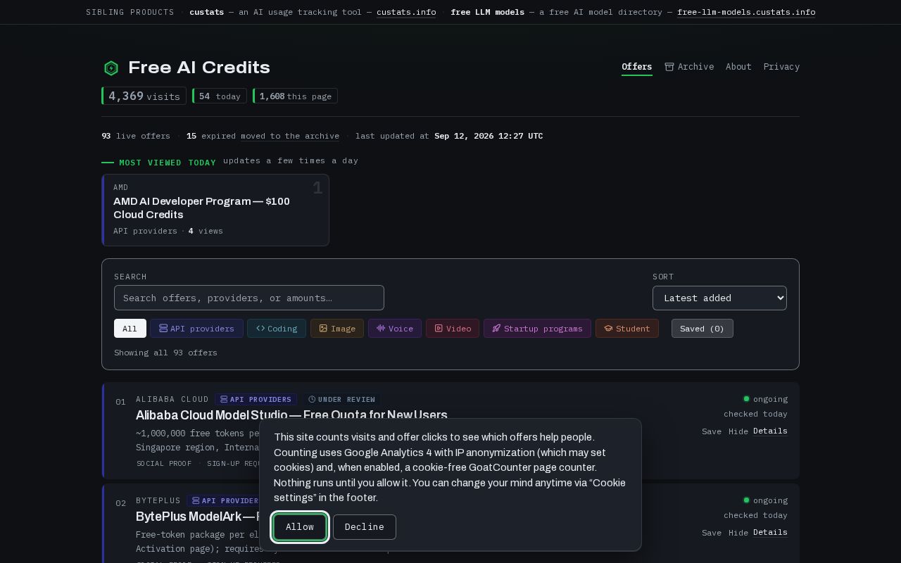 Preview of Free AI Credits — aggregated, hand-verified free AI token/credit offers