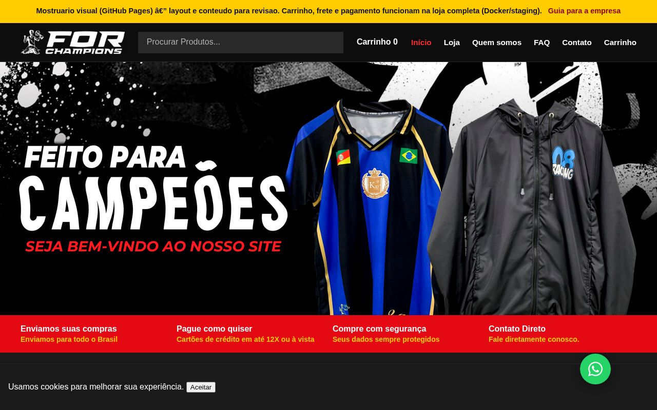 Preview of For Champions loja PHP v1.3.0 — mostruario para revisao da empresa