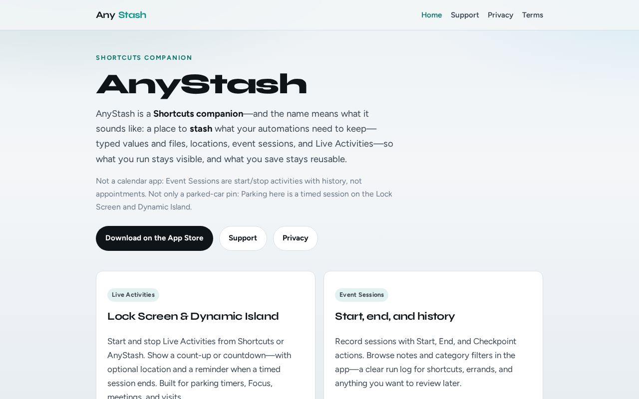 Preview of AnyStash support and privacy site