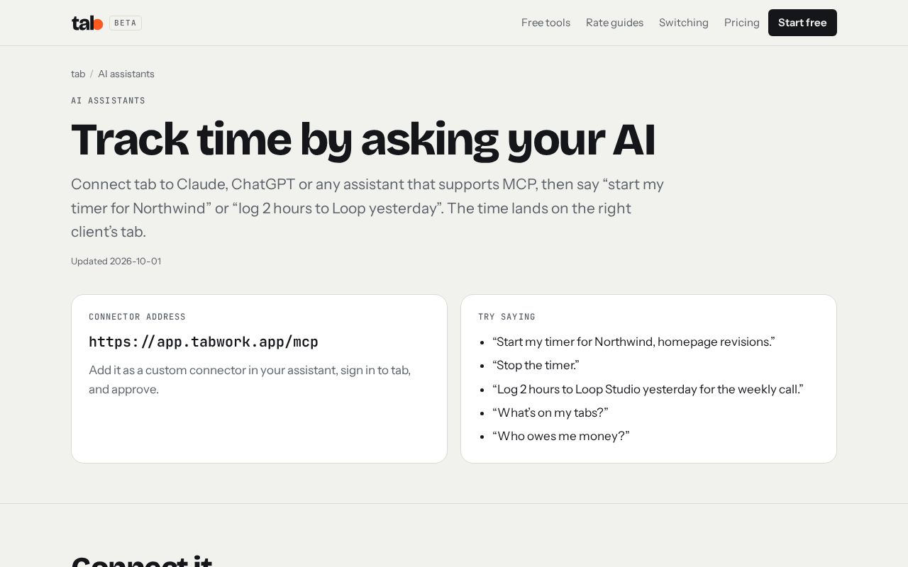 Preview of Use tab from Claude or ChatGPT: track time by asking