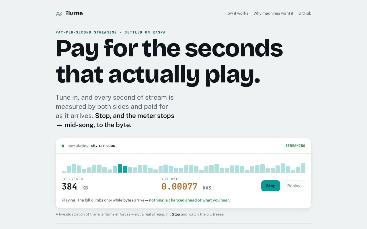Preview of Pay-per-second streaming, metered by both sides, settled on Kaspa (kaspa-x402 rail).