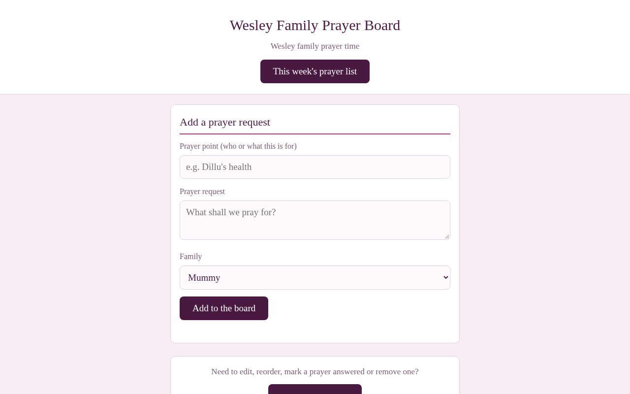 Preview of Wesley's family prayer board