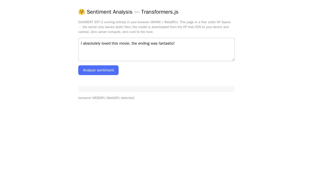 Preview of Transformers.js Sentiment — Free In-Browser Inference