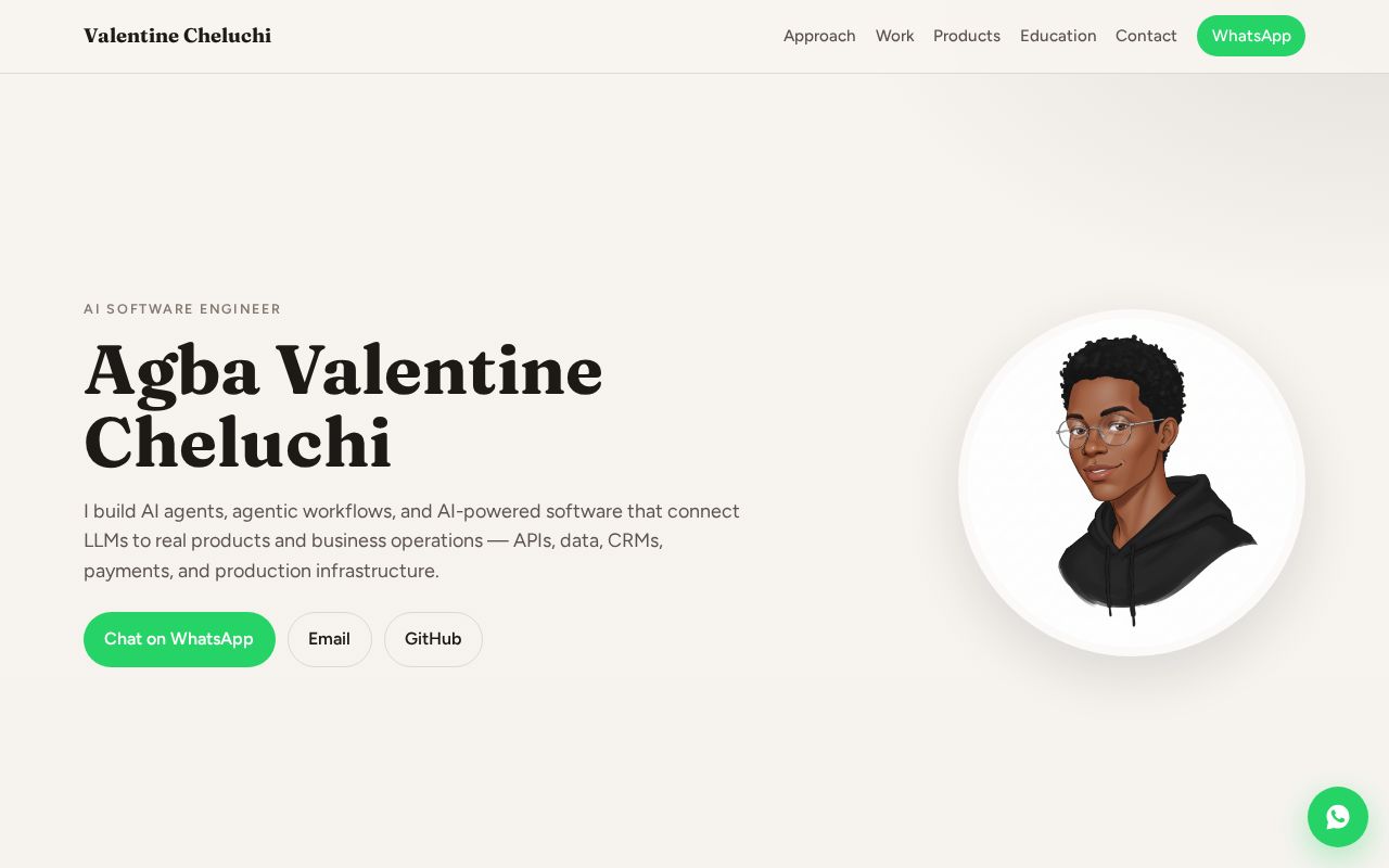 Preview of Standalone portfolio — Agba Valentine Cheluchi, AI Software Engineer