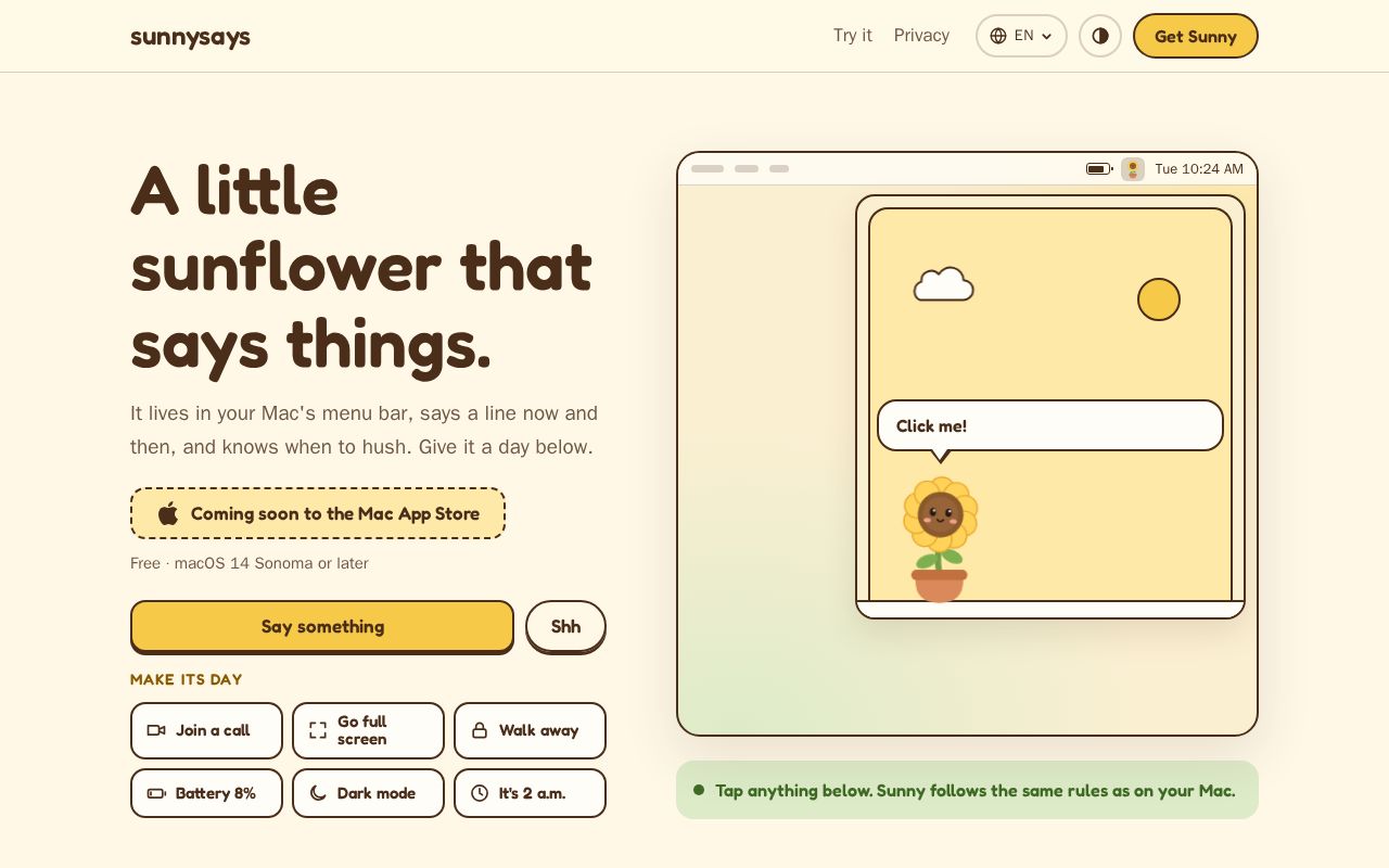 Preview of sunnysays: a little sunflower that lives in your menu bar
