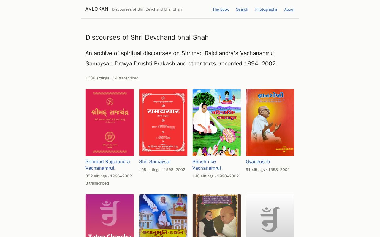 Preview of The recorded discourses of Shri Devchand bhai Shah (1994–2002), and the book he wrote.