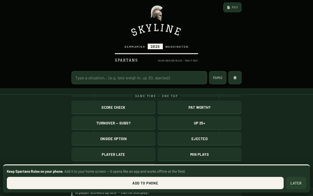 Preview of Sideline rule lookup PWA for the 2025 GEJFA rulebook
