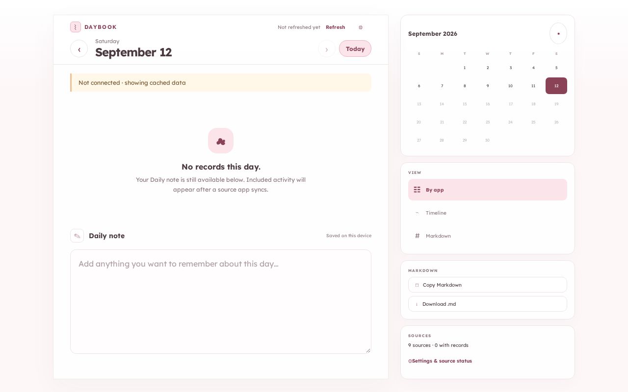 Preview of Daybook — a private journal dashboard for personal web apps
