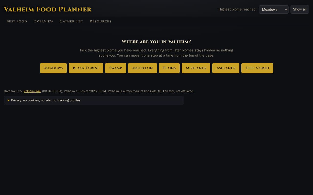 Preview of Valheim Food Planner: best food per build, gather list, biome-gated to avoid spoilers