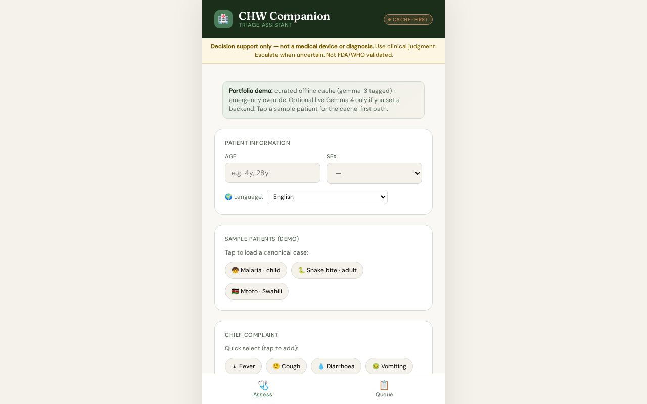 Preview of CHW Companion — cache-first triage PWA