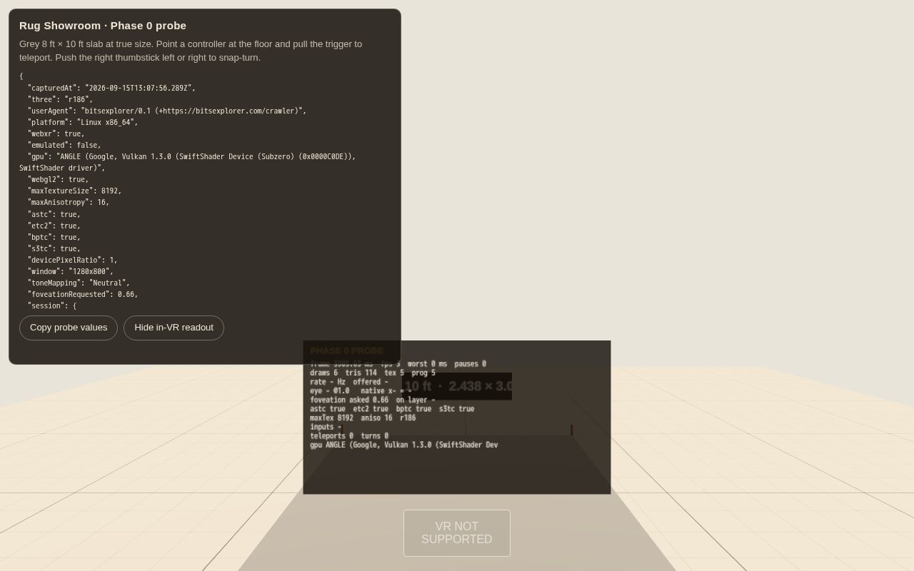 Preview of Jaipur Living VR rug showroom for Meta Quest 3 (WebXR, three.js). Phase 0 probe.
