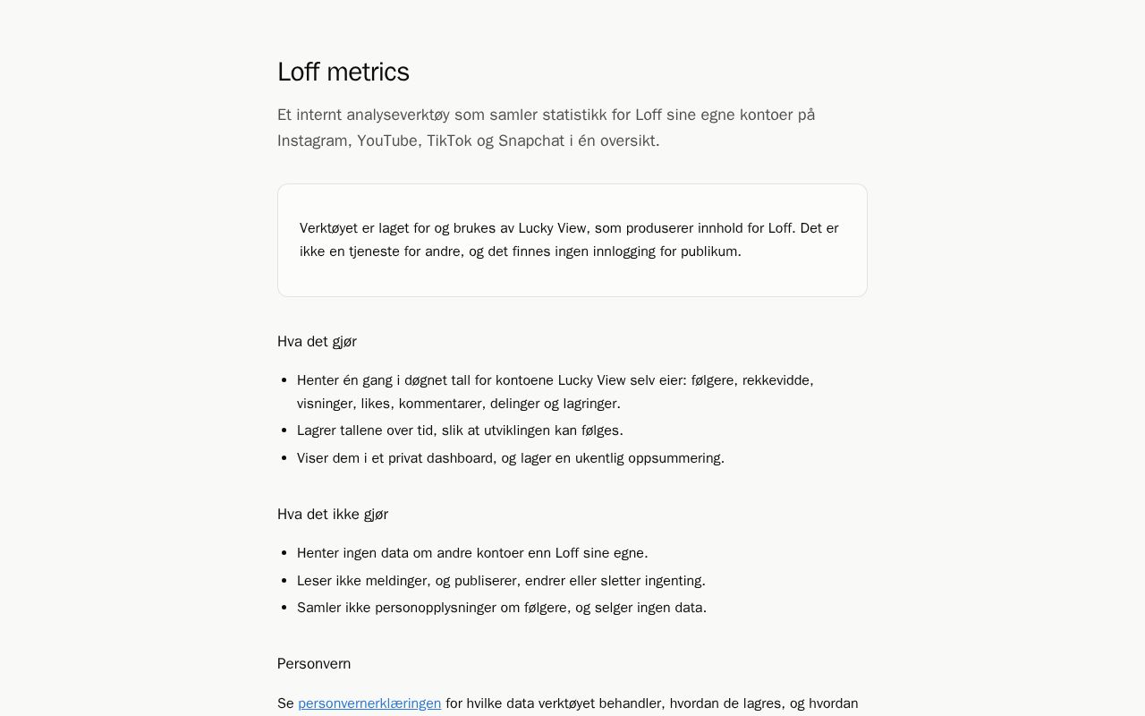 Preview of Hjemmeside og personvernerklæring for det interne analyseverktøyet Loff metrics